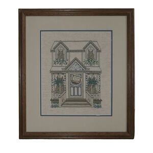 Vintage Needlepoint Welcome Friends Victorian House Embroidery Handmade Framed